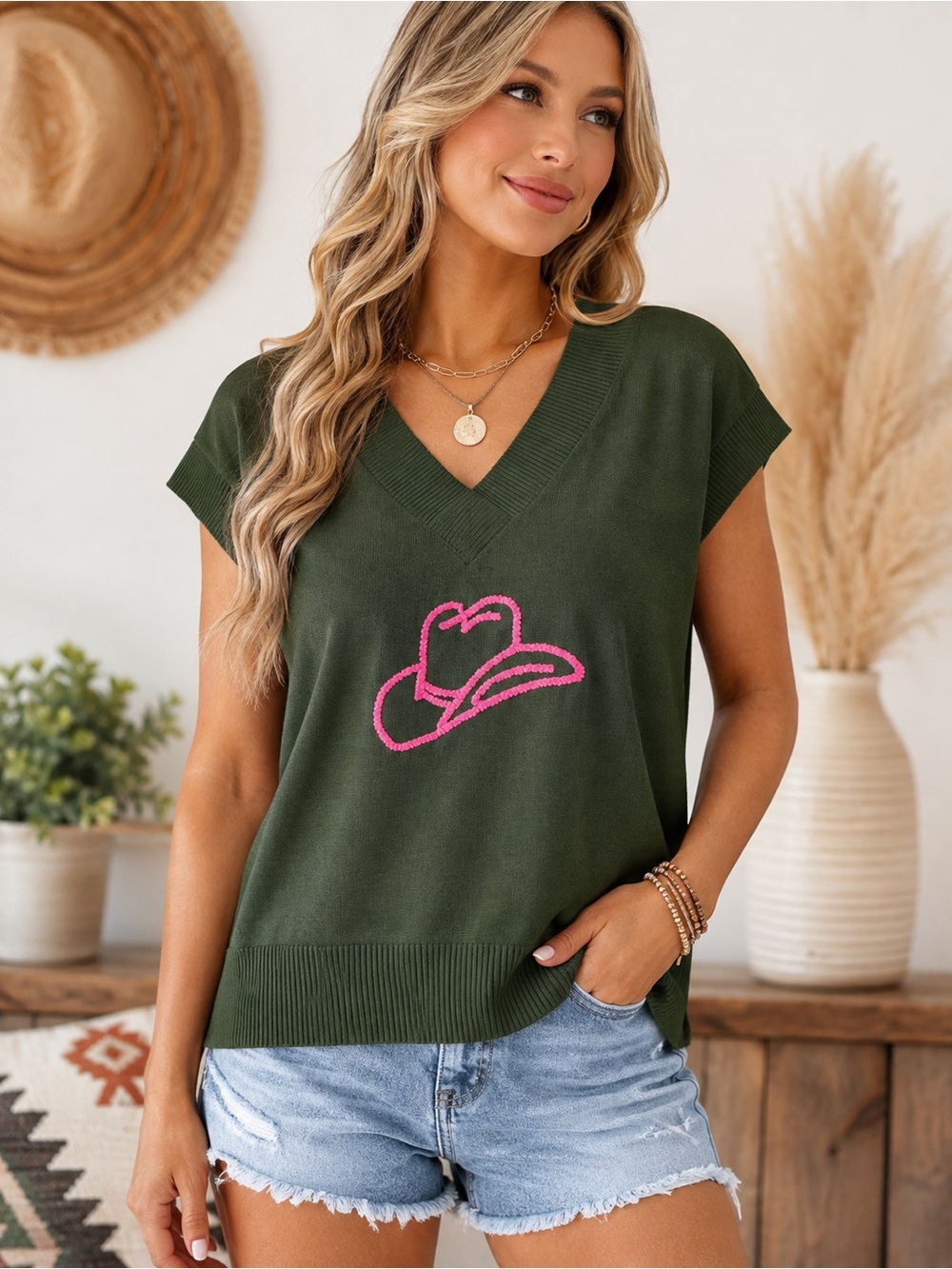 2Fly Co. Olive Green Western Cowboy Hat Knit Top – Pink Embroidered Cowgirl Shir - Picture 2 of 2